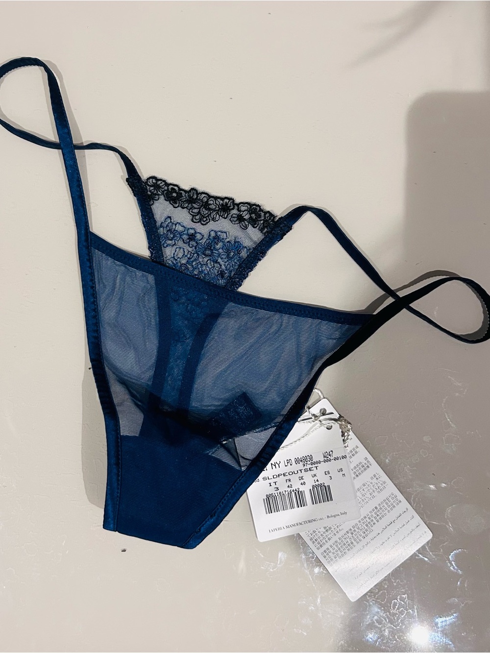 La Perla string navy blue thong delicate floral lace NWT